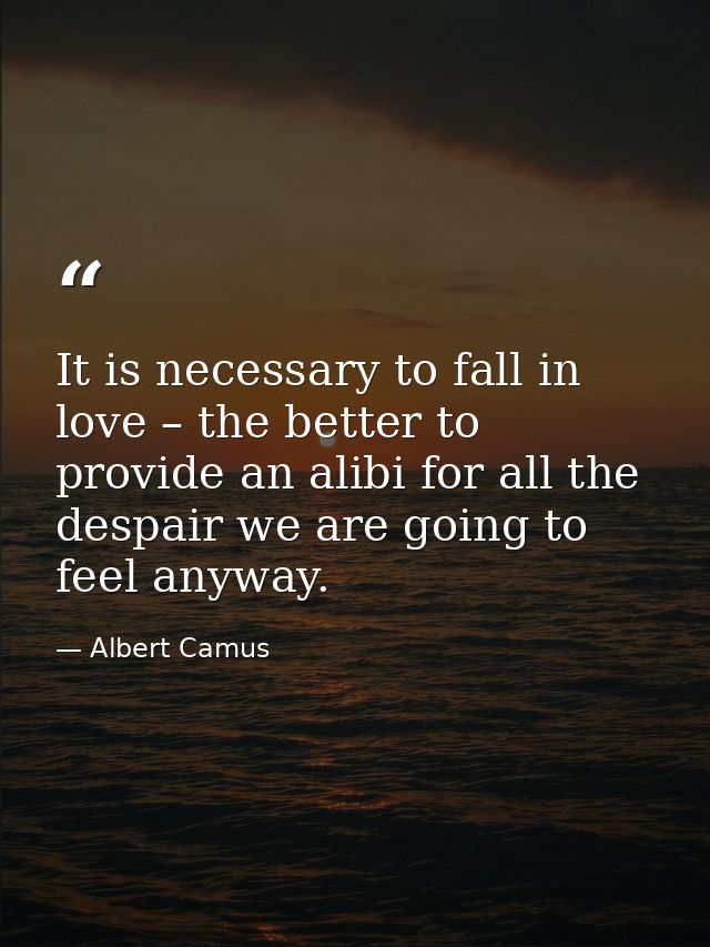 It is necessary to fall in love – the better to provide an alibi for all the despair we are going to feel anyway. — Albert Camus