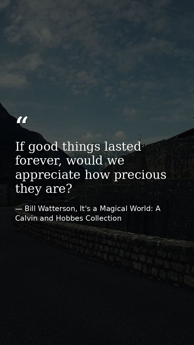 If good things lasted forever, would we appreciate how precious they are? — Bill Watterson, It's a Magical World: A Calvin and Hobbes Collection