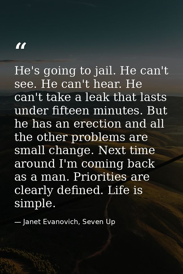 He's going to jail. He can't see. He can't hear. He can't take a leak that lasts under fifteen minutes. But he has an er — Janet Evanovich, Seven Up
