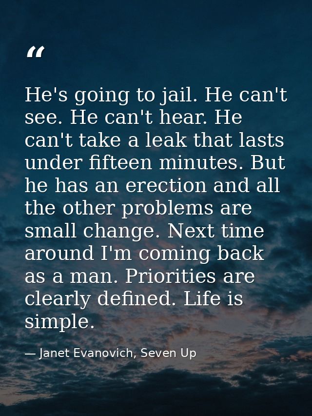 He's going to jail. He can't see. He can't hear. He can't take a leak that lasts under fifteen minutes. But he has an er — Janet Evanovich, Seven Up