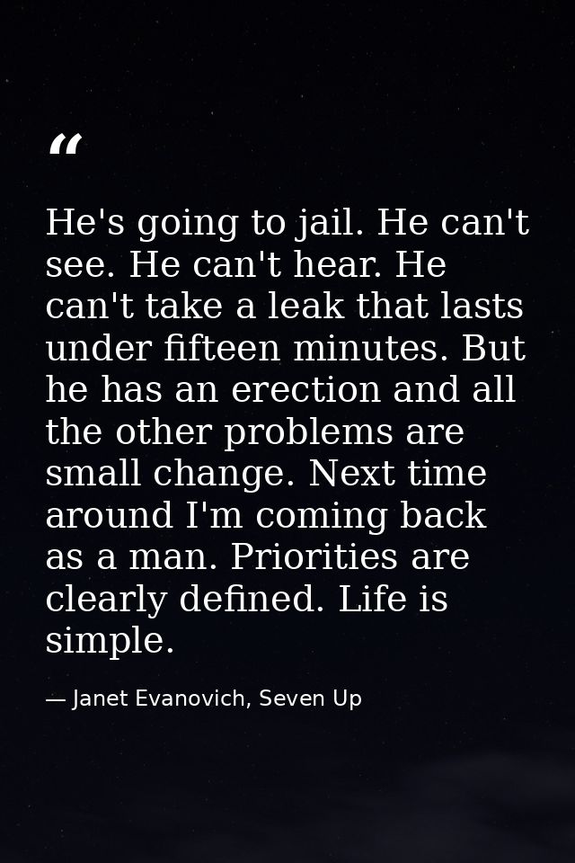 He's going to jail. He can't see. He can't hear. He can't take a leak that lasts under fifteen minutes. But he has an er — Janet Evanovich, Seven Up