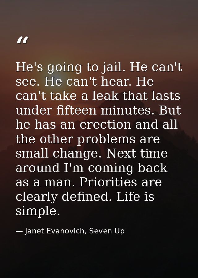 He's going to jail. He can't see. He can't hear. He can't take a leak that lasts under fifteen minutes. But he has an er — Janet Evanovich, Seven Up