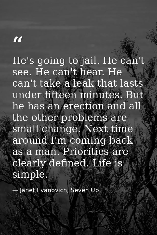 He's going to jail. He can't see. He can't hear. He can't take a leak that lasts under fifteen minutes. But he has an er — Janet Evanovich, Seven Up