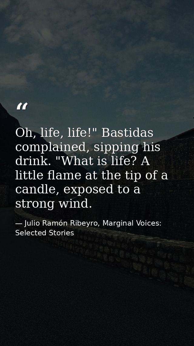 Oh, life, life!" Bastidas complained, sipping his drink. "What is life? A little flame at the tip of a candle, exposed t — Julio Ramón Ribeyro, Marginal Voices: Selected Stories