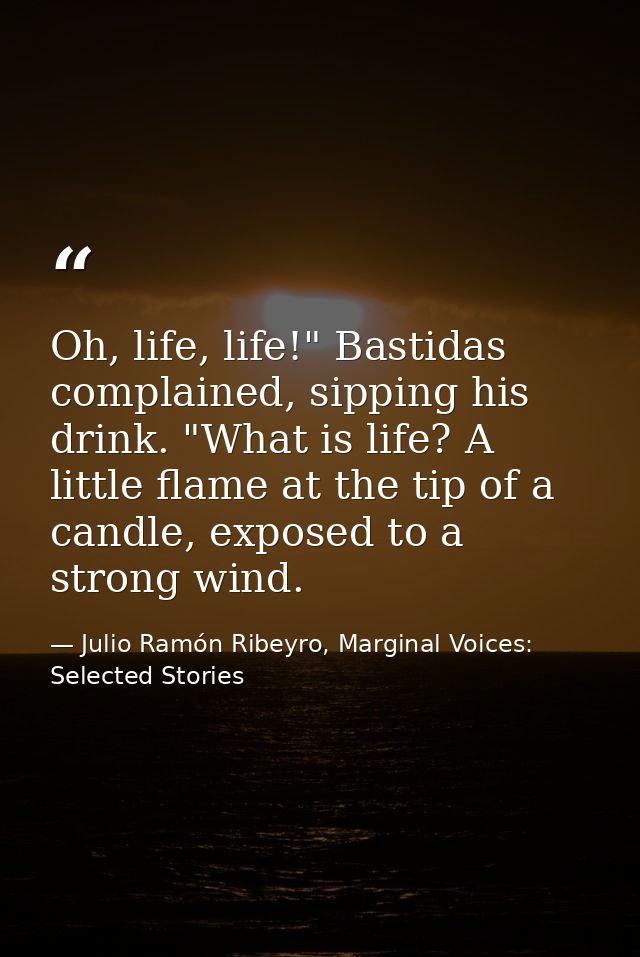 Oh, life, life!" Bastidas complained, sipping his drink. "What is life? A little flame at the tip of a candle, exposed t — Julio Ramón Ribeyro, Marginal Voices: Selected Stories