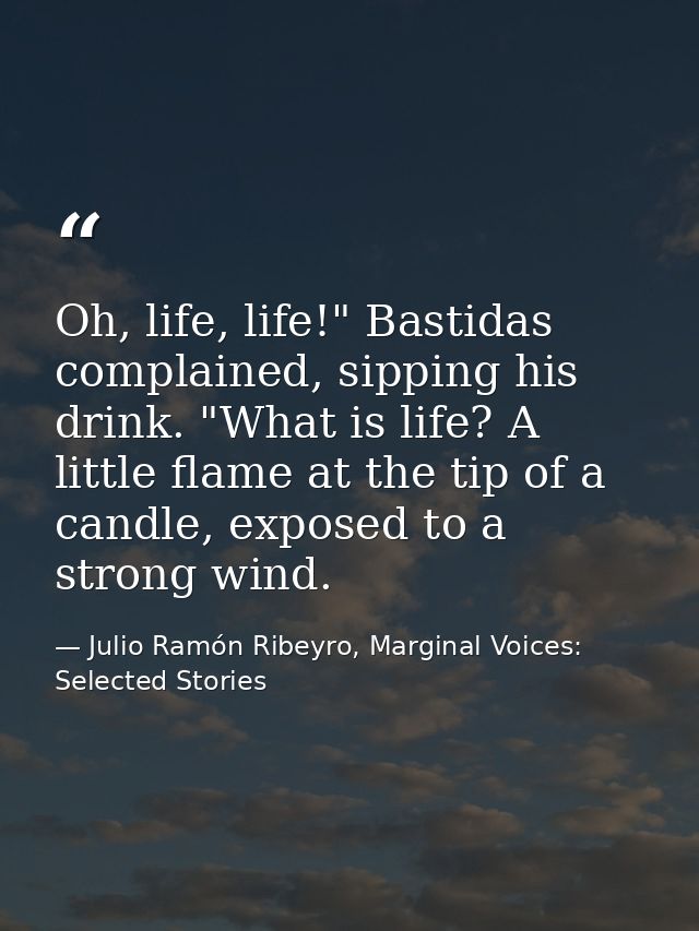 Oh, life, life!" Bastidas complained, sipping his drink. "What is life? A little flame at the tip of a candle, exposed t — Julio Ramón Ribeyro, Marginal Voices: Selected Stories