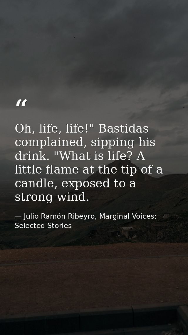 Oh, life, life!" Bastidas complained, sipping his drink. "What is life? A little flame at the tip of a candle, exposed t — Julio Ramón Ribeyro, Marginal Voices: Selected Stories