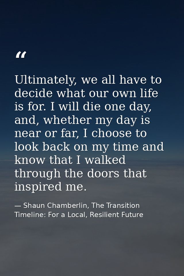 Ultimately, we all have to decide what our own life is for. I will die one day, and, whether my day is near or far, I ch — Shaun Chamberlin, The Transition Timeline: For a Local, Resilient Future
