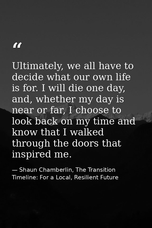 Ultimately, we all have to decide what our own life is for. I will die one day, and, whether my day is near or far, I ch — Shaun Chamberlin, The Transition Timeline: For a Local, Resilient Future