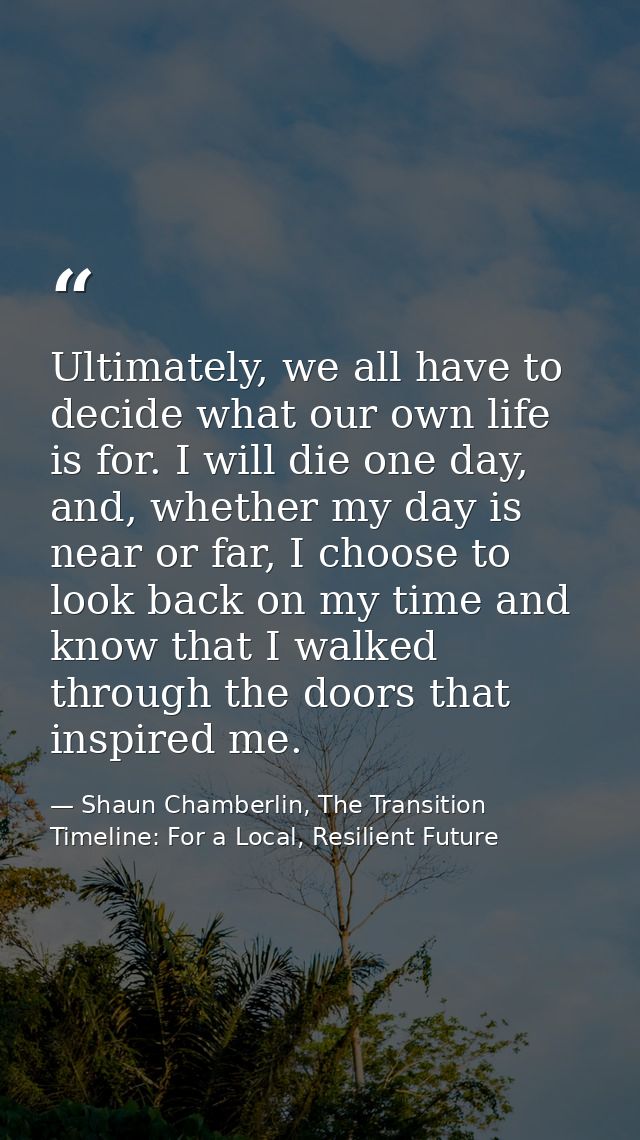 Ultimately, we all have to decide what our own life is for. I will die one day, and, whether my day is near or far, I ch — Shaun Chamberlin, The Transition Timeline: For a Local, Resilient Future