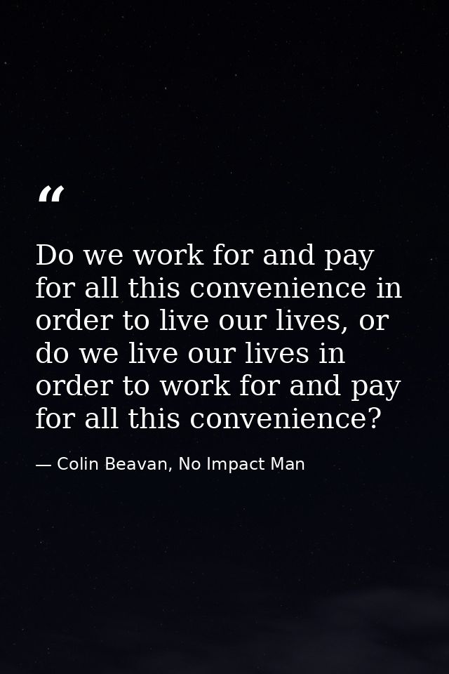 Do we work for and pay for all this convenience in order to live our lives, or do we live our lives in order to work for — Colin Beavan, No Impact Man
