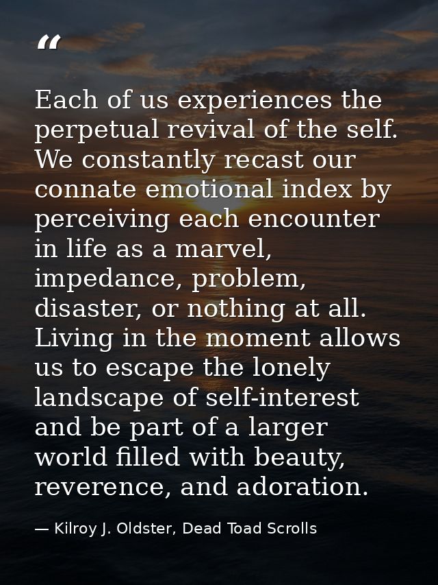 Each of us experiences the perpetual revival of the self. We constantly recast our connate emotional index by perceiving — Kilroy J. Oldster, Dead Toad Scrolls
