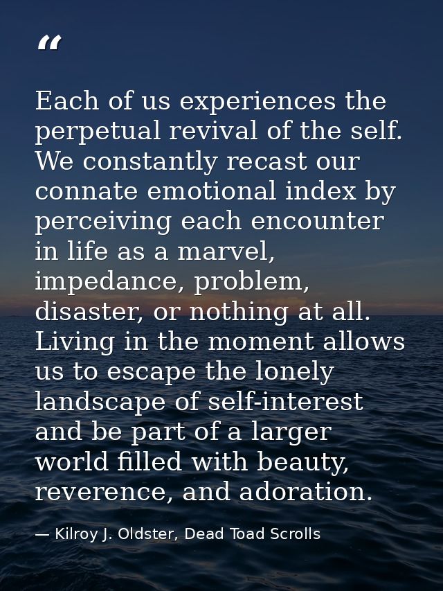 Each of us experiences the perpetual revival of the self. We constantly recast our connate emotional index by perceiving — Kilroy J. Oldster, Dead Toad Scrolls