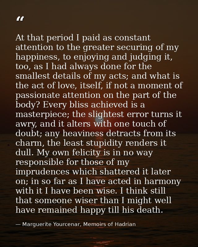 At that period I paid as constant attention to the greater securing of my happiness, to enjoying and judging it, too, as — Marguerite Yourcenar, Memoirs of Hadrian