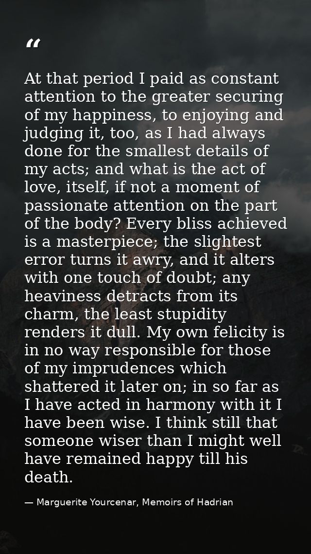 At that period I paid as constant attention to the greater securing of my happiness, to enjoying and judging it, too, as — Marguerite Yourcenar, Memoirs of Hadrian