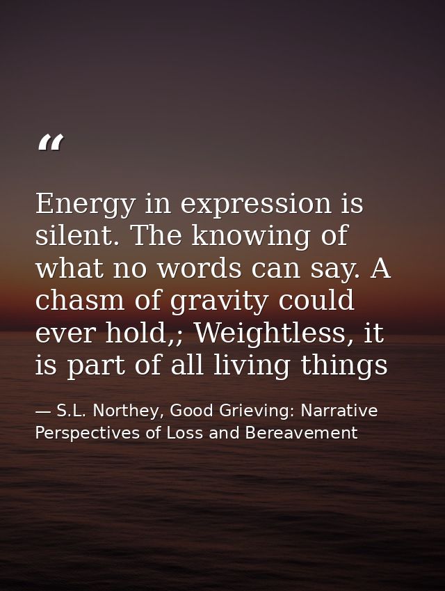 Energy in expression is silent. The knowing of what no words can say. A chasm of gravity could ever hold,; Weightless, i — S.L. Northey, Good Grieving: Narrative Perspectives of Loss and Bereavement