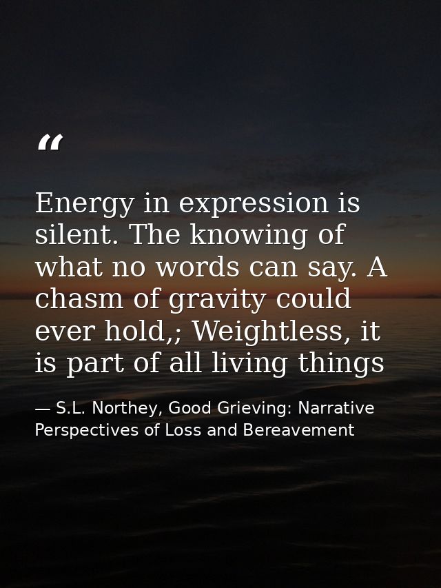 Energy in expression is silent. The knowing of what no words can say. A chasm of gravity could ever hold,; Weightless, i — S.L. Northey, Good Grieving: Narrative Perspectives of Loss and Bereavement