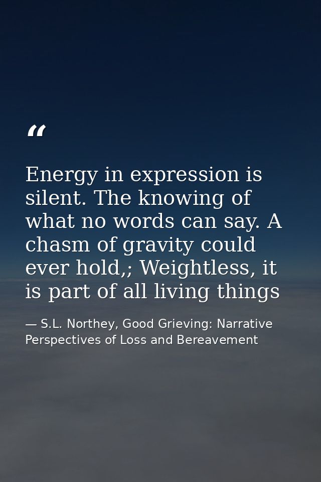 Energy in expression is silent. The knowing of what no words can say. A chasm of gravity could ever hold,; Weightless, i — S.L. Northey, Good Grieving: Narrative Perspectives of Loss and Bereavement
