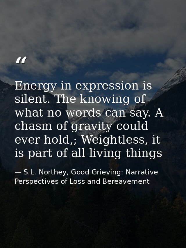 Energy in expression is silent. The knowing of what no words can say. A chasm of gravity could ever hold,; Weightless, i — S.L. Northey, Good Grieving: Narrative Perspectives of Loss and Bereavement
