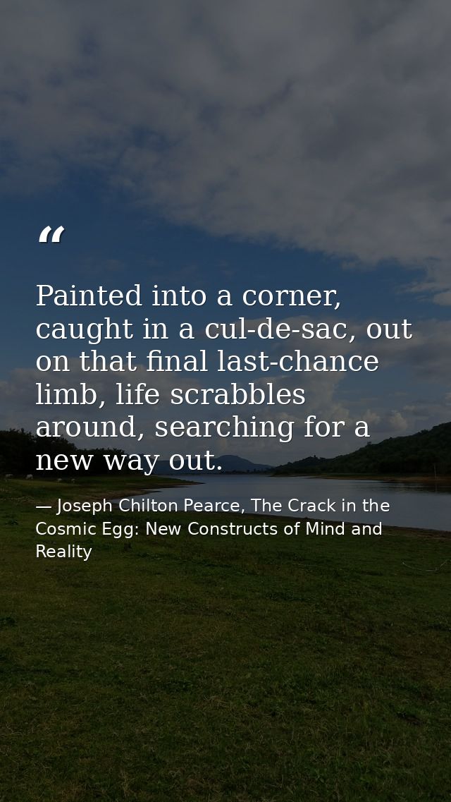 Painted into a corner, caught in a cul-de-sac, out on that final last-chance limb, life scrabbles around, searching for  — Joseph Chilton Pearce, The Crack in the Cosmic Egg: New Constructs of Mind and Reality
