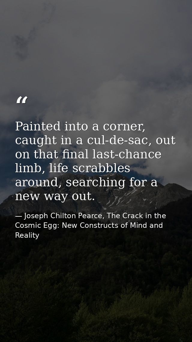 Painted into a corner, caught in a cul-de-sac, out on that final last-chance limb, life scrabbles around, searching for  — Joseph Chilton Pearce, The Crack in the Cosmic Egg: New Constructs of Mind and Reality