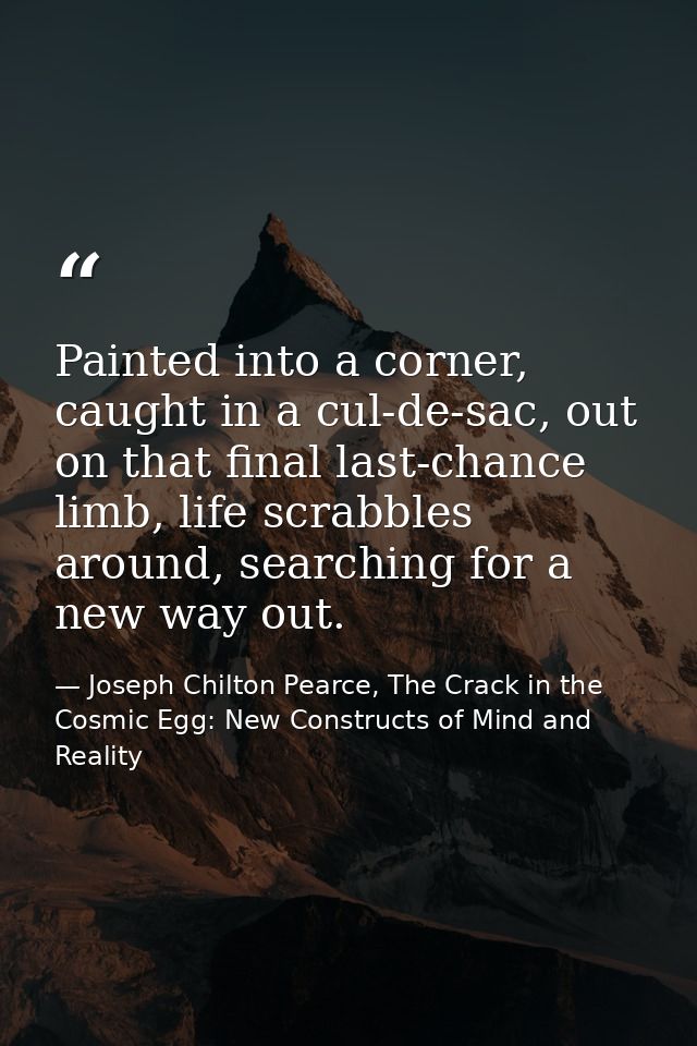 Painted into a corner, caught in a cul-de-sac, out on that final last-chance limb, life scrabbles around, searching for  — Joseph Chilton Pearce, The Crack in the Cosmic Egg: New Constructs of Mind and Reality