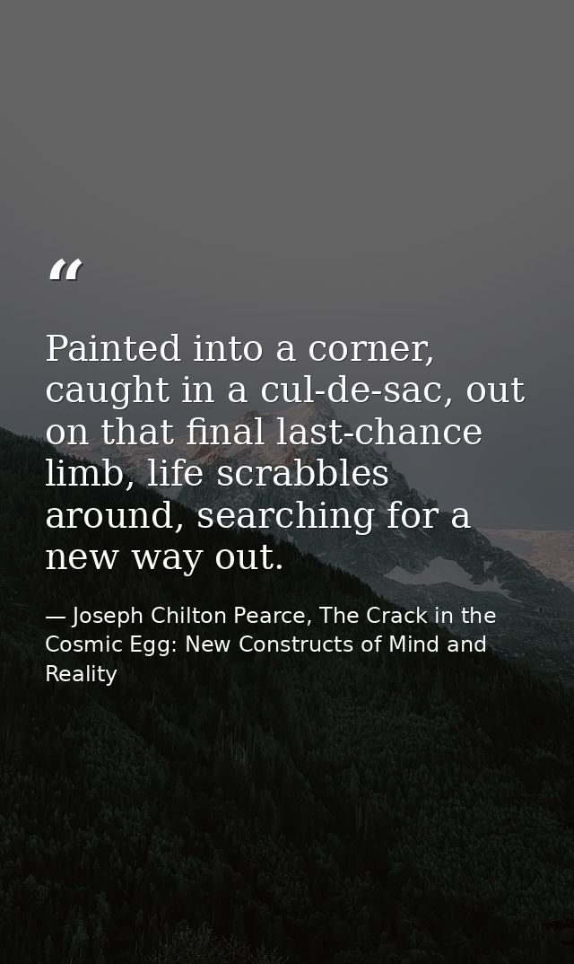 Painted into a corner, caught in a cul-de-sac, out on that final last-chance limb, life scrabbles around, searching for  — Joseph Chilton Pearce, The Crack in the Cosmic Egg: New Constructs of Mind and Reality