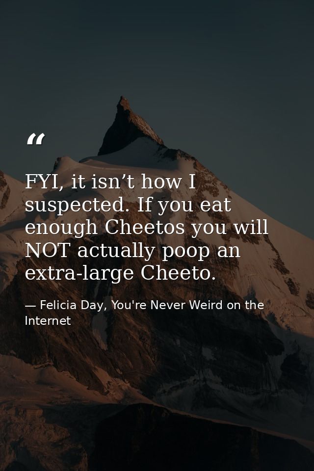 FYI, it isn’t how I suspected. If you eat enough Cheetos you will NOT actually poop an extra-large Cheeto. — Felicia Day, You're Never Weird on the Internet