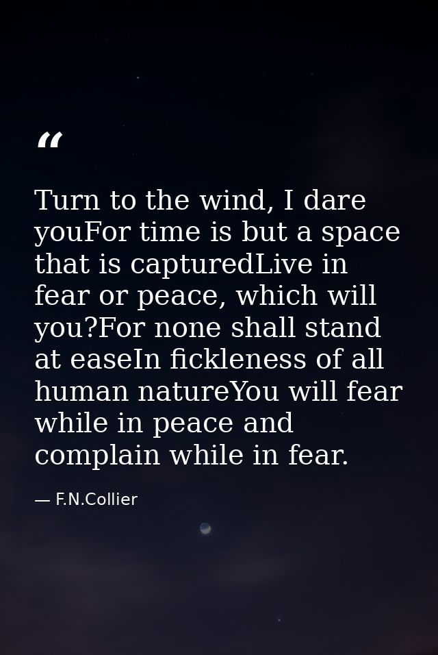 Turn to the wind, I dare youFor time is but a space that is capturedLive in fear or peace, which will you?For none shall — F.N.Collier