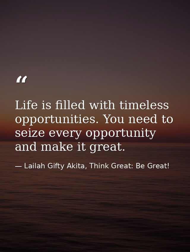 Life is filled with timeless opportunities. You need to seize every opportunity and make it great. — Lailah Gifty Akita, Think Great: Be Great!