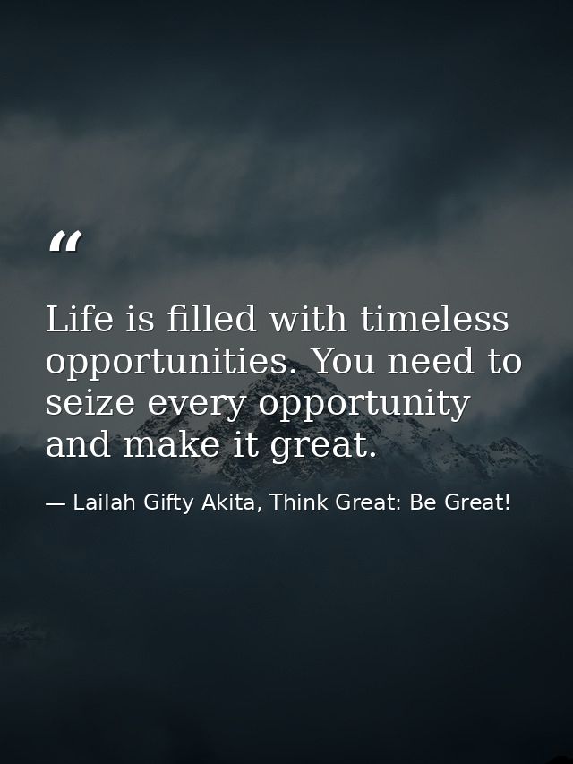 Life is filled with timeless opportunities. You need to seize every opportunity and make it great. — Lailah Gifty Akita, Think Great: Be Great!