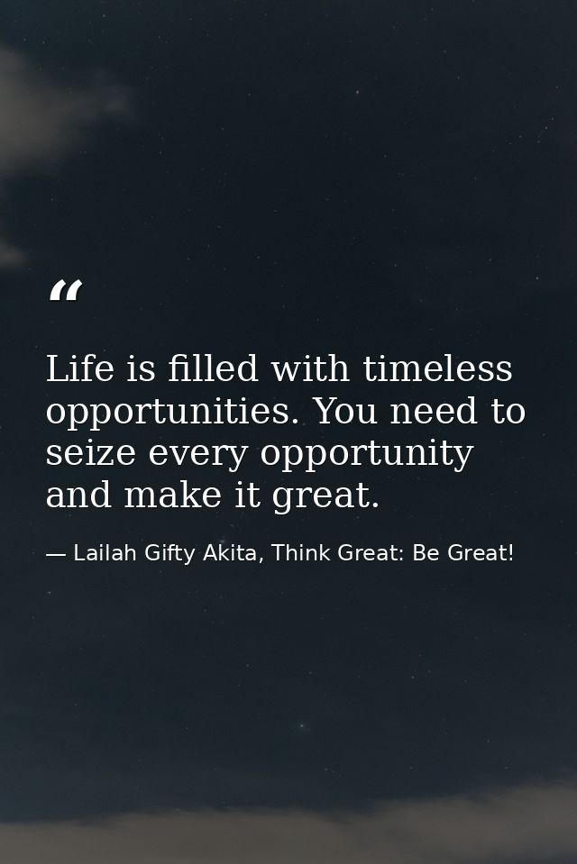 Life is filled with timeless opportunities. You need to seize every opportunity and make it great. — Lailah Gifty Akita, Think Great: Be Great!