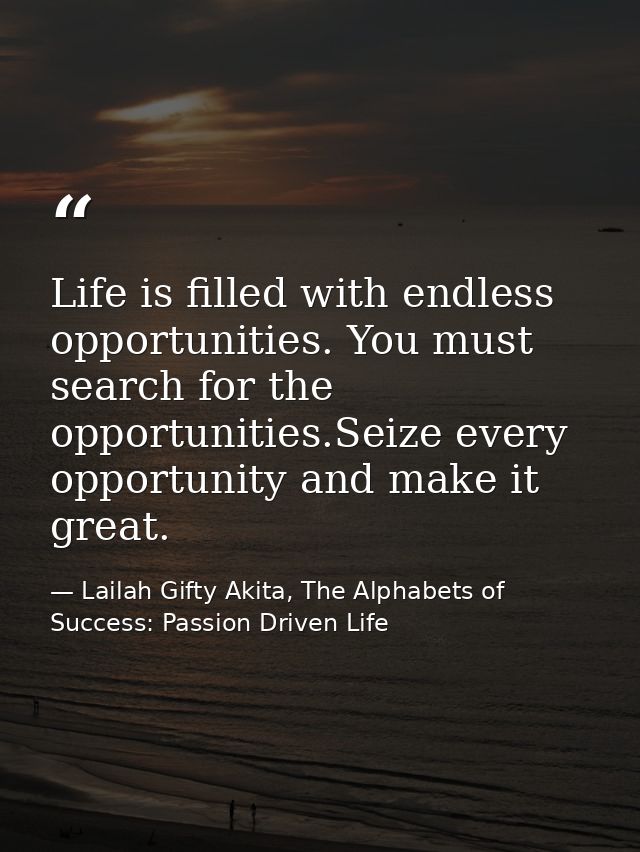 Life is filled with endless opportunities. You must search for the opportunities.Seize every opportunity and make it gre — Lailah Gifty Akita, The Alphabets of  Success: Passion Driven Life