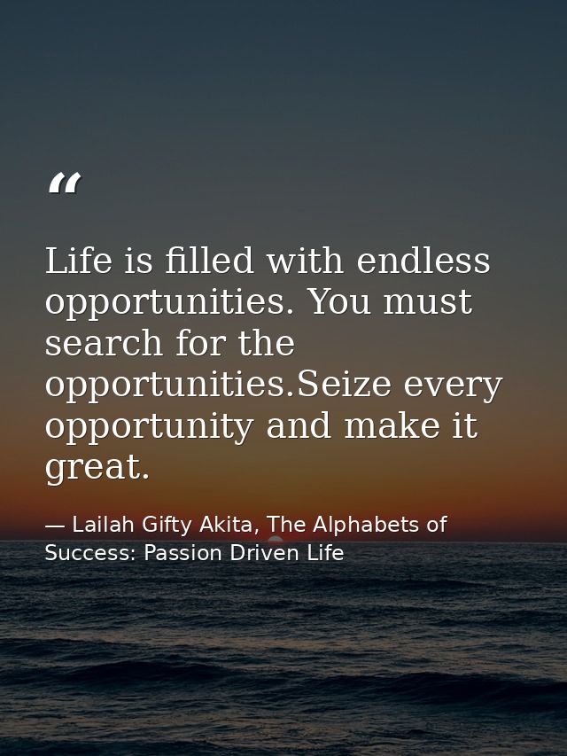 Life is filled with endless opportunities. You must search for the opportunities.Seize every opportunity and make it gre — Lailah Gifty Akita, The Alphabets of  Success: Passion Driven Life