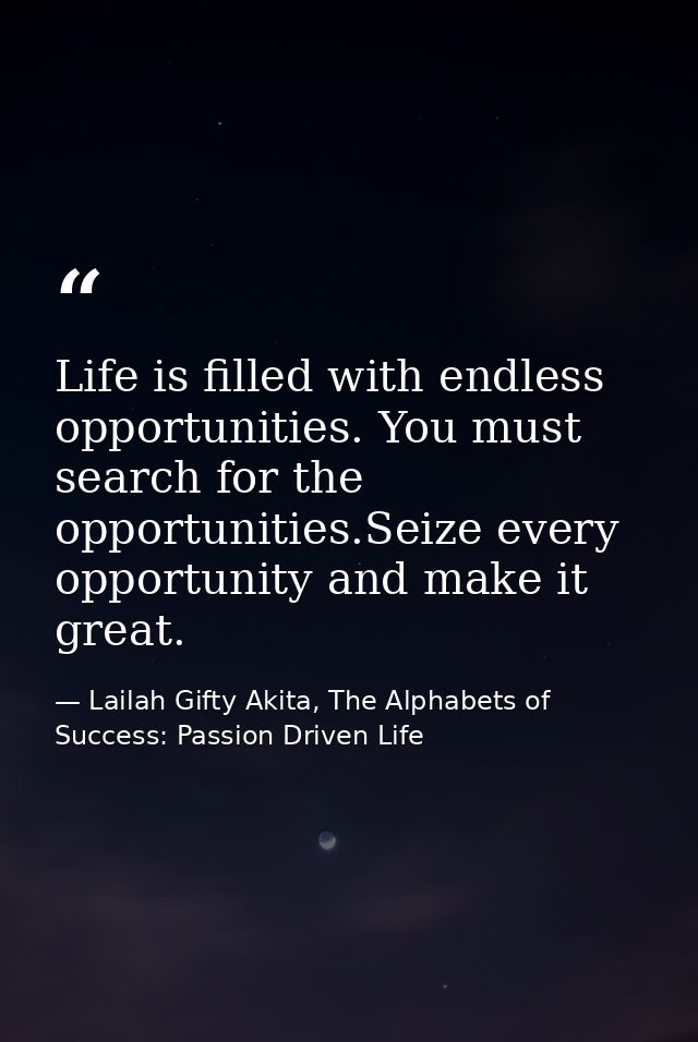 Life is filled with endless opportunities. You must search for the opportunities.Seize every opportunity and make it gre — Lailah Gifty Akita, The Alphabets of  Success: Passion Driven Life
