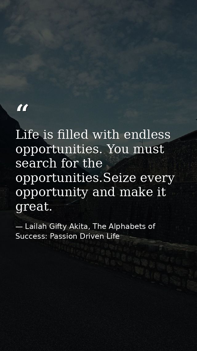Life is filled with endless opportunities. You must search for the opportunities.Seize every opportunity and make it gre — Lailah Gifty Akita, The Alphabets of  Success: Passion Driven Life