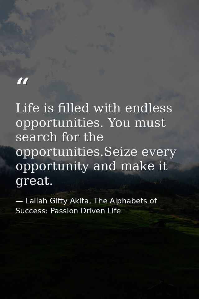 Life is filled with endless opportunities. You must search for the opportunities.Seize every opportunity and make it gre — Lailah Gifty Akita, The Alphabets of  Success: Passion Driven Life