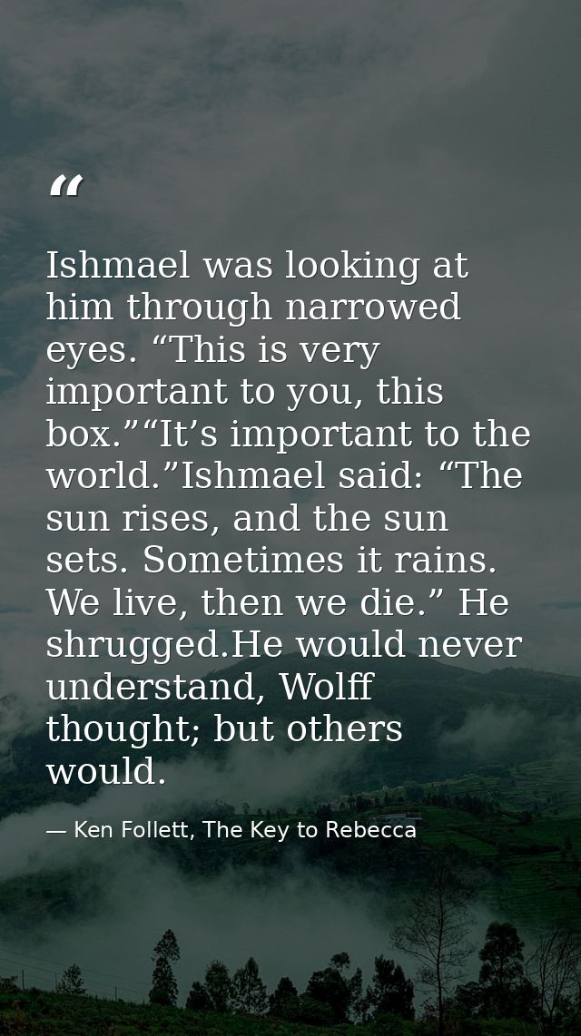 Ishmael was looking at him through narrowed eyes. “This is very important to you, this box.”“It’s important to the world — Ken Follett, The Key to Rebecca