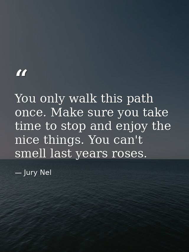 You only walk this path once. Make sure you take time to stop and enjoy the nice things. You can't smell last years rose — Jury Nel
