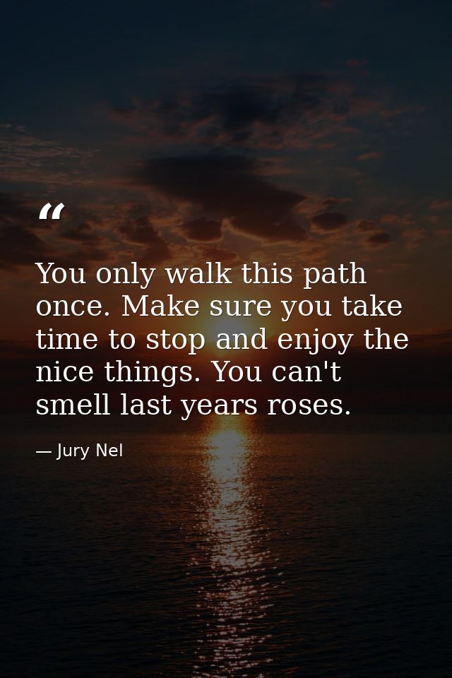 You only walk this path once. Make sure you take time to stop and enjoy the nice things. You can't smell last years rose — Jury Nel