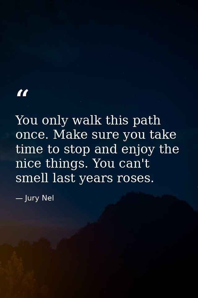 You only walk this path once. Make sure you take time to stop and enjoy the nice things. You can't smell last years rose — Jury Nel
