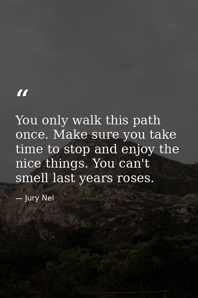 You only walk this path once. Make sure you take time to stop and enjoy the nice things. You can't smell last years rose — Jury Nel