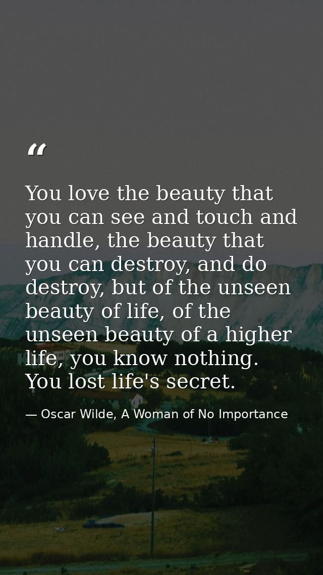 You love the beauty that you can see and touch and handle, the beauty that you can destroy, and do destroy, but of the u — Oscar Wilde, A Woman of No Importance