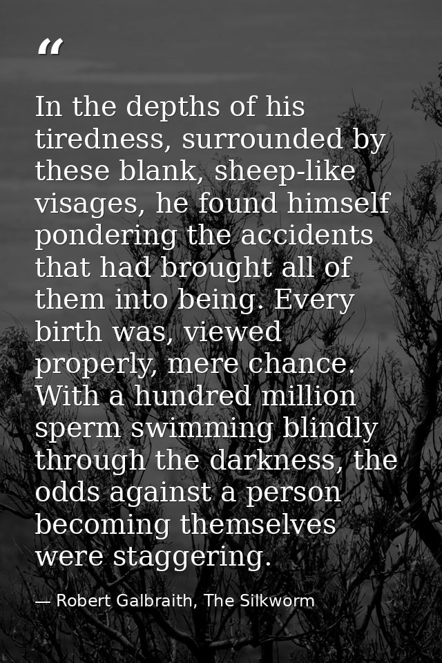 In the depths of his tiredness, surrounded by these blank, sheep-like visages, he found himself pondering the accidents  — Robert Galbraith, The Silkworm