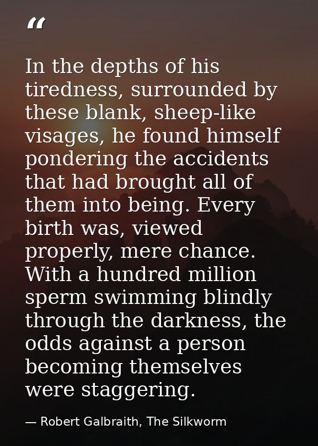 In the depths of his tiredness, surrounded by these blank, sheep-like visages, he found himself pondering the accidents  — Robert Galbraith, The Silkworm