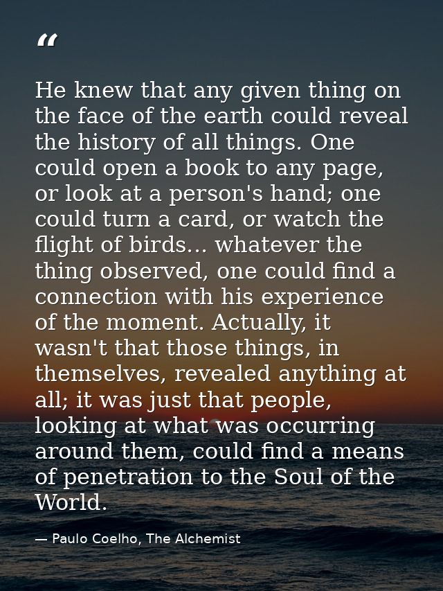 He knew that any given thing on the face of the earth could reveal the history of all things. One could open a book to a — Paulo Coelho, The Alchemist