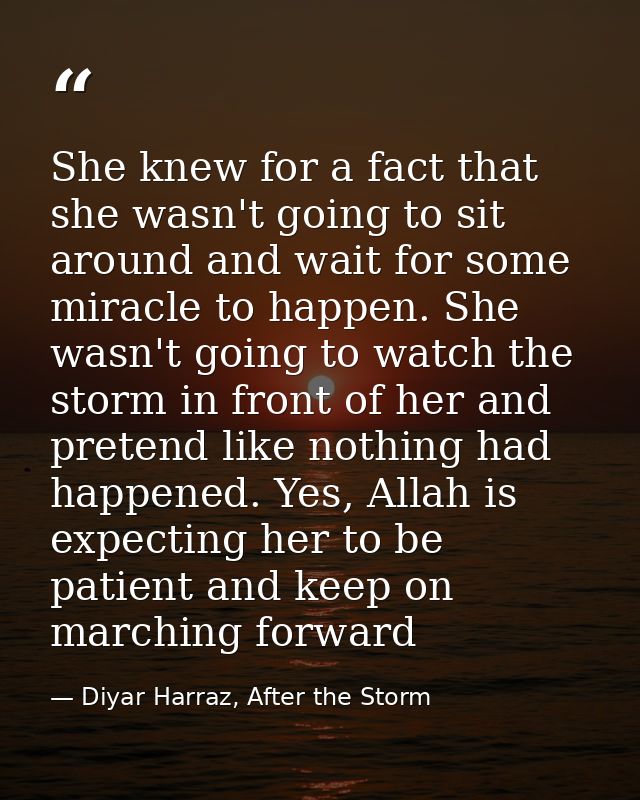 She knew for a fact that she wasn't going to sit around and wait for some miracle to happen. She wasn't going to watch t — Diyar Harraz, After the Storm