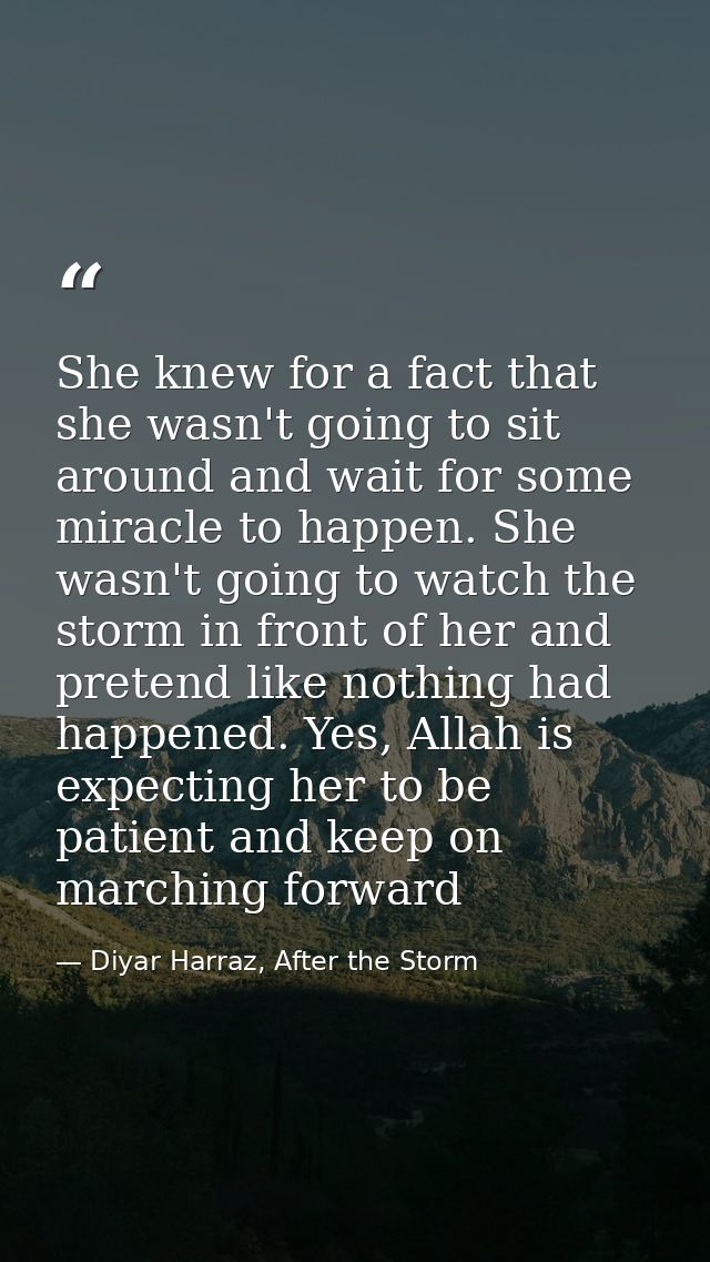 She knew for a fact that she wasn't going to sit around and wait for some miracle to happen. She wasn't going to watch t — Diyar Harraz, After the Storm