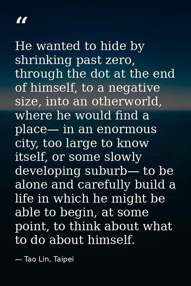 He wanted to hide by shrinking past zero, through the dot at the end of himself, to a negative size, into an otherworld, — Tao Lin, Taipei