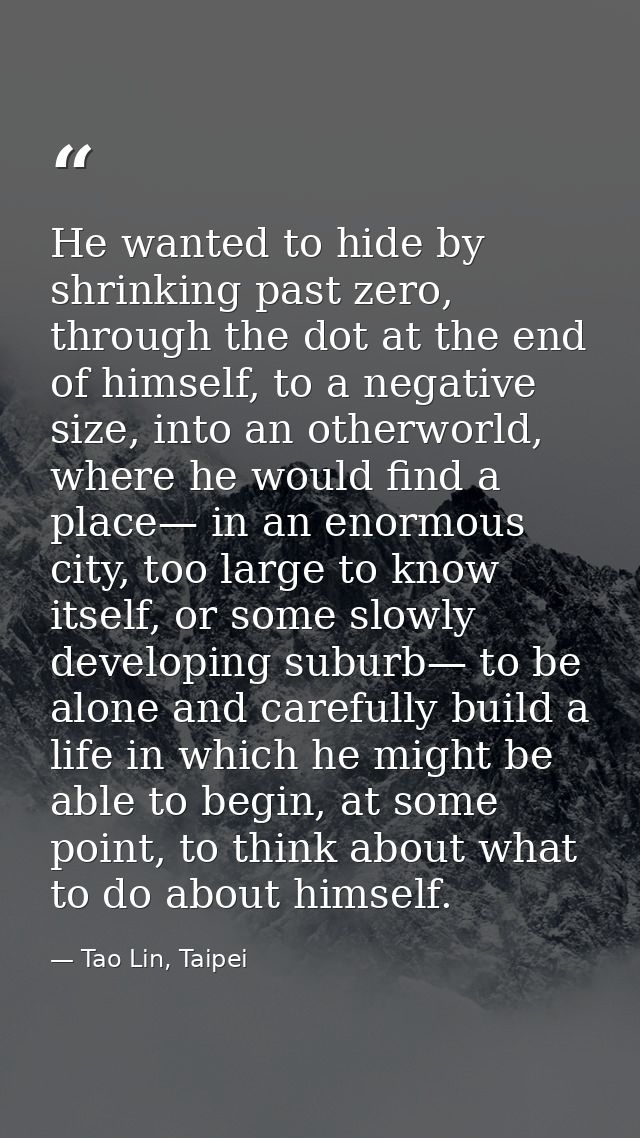 He wanted to hide by shrinking past zero, through the dot at the end of himself, to a negative size, into an otherworld, — Tao Lin, Taipei
